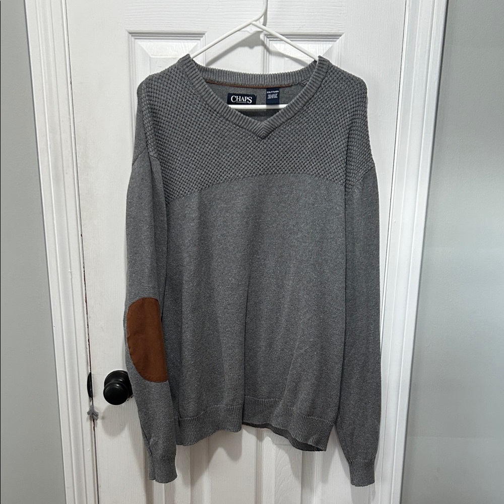 Chaps V-Neck Gray Sweater with Brown Elbow Patches